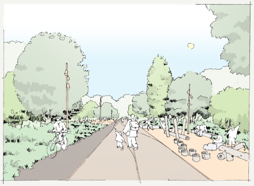 This image: a sketch showing how the disused railway could be reimagined as a new 
					active travel route, with cyclists and pedestrians surrounded by trees and natural landscaping.
					The map in this chapter highlights potential active travel routes around and through the town. There are interactive map markers which show illustrative 
					photographs and sketches of how these areas could look. The sketches are overlaid with aerial images showing current site conditions for comparison.